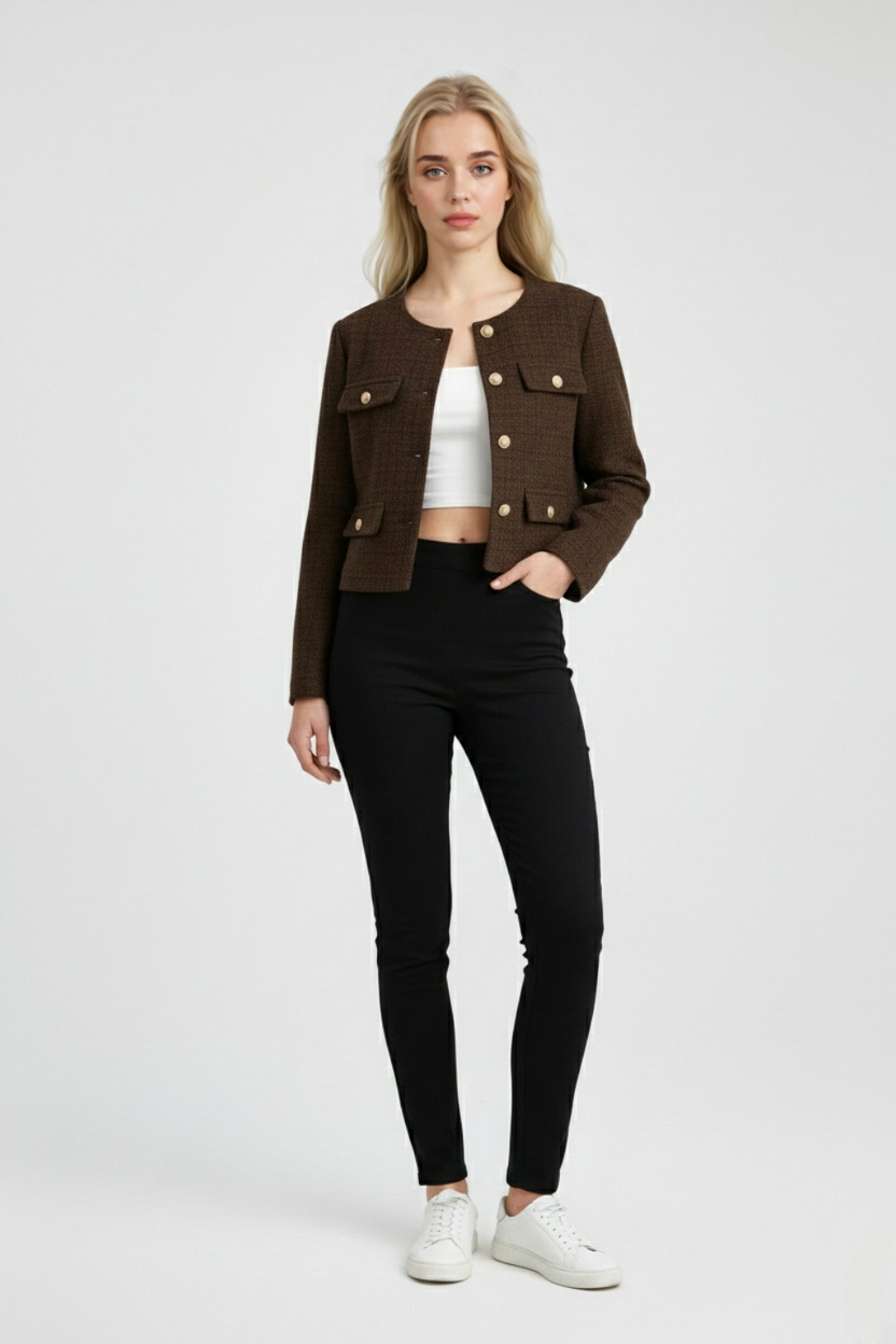 Dark brown Victoria women's short jacket by Lumina Wear, featuring a chic, tailored fit and stylish design.