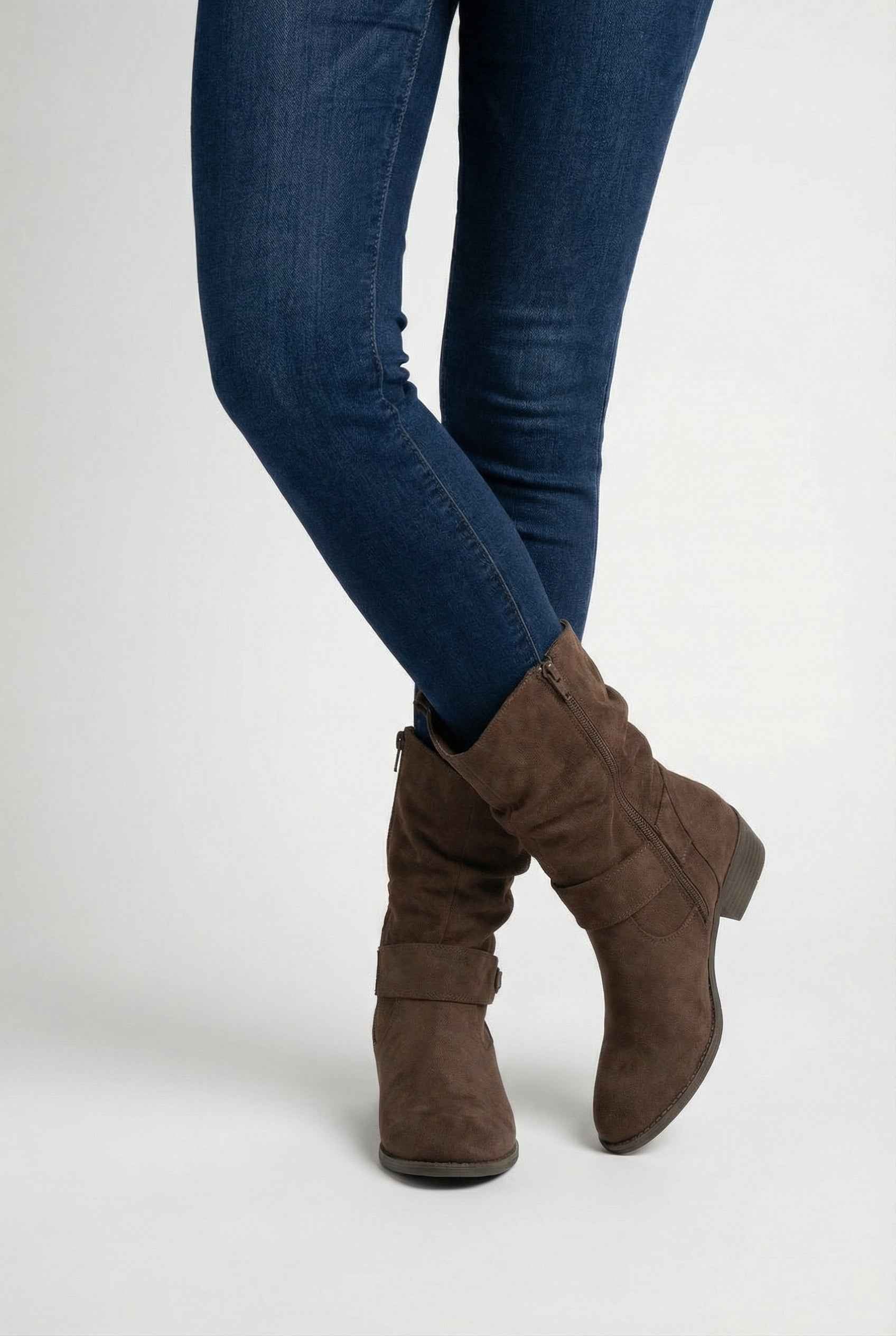 Victoria dark brown suede ankle boots with warm lining and block heel, stylish women's footwear by Lumina Wear.