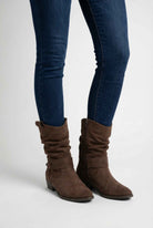 Dark brown suede ankle boots with warm lining from Lumina Wear, featuring a chic design for women's fashion.