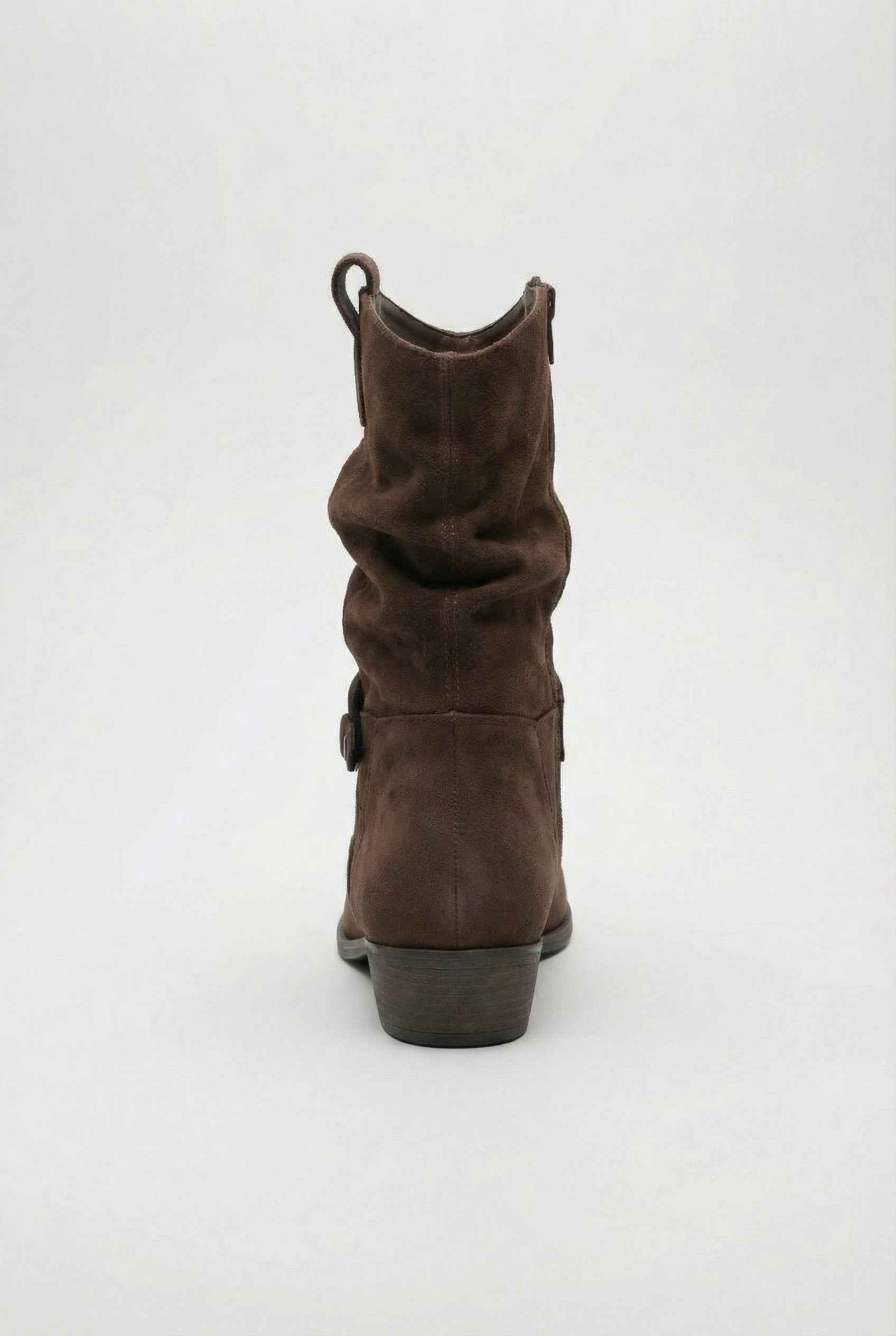Dark brown suede ankle boots with warm lining from Lumina Wear, stylish women's boots with a sleek design and comfortable fit.