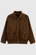 Dark brown suede bomber jacket with zipper closure from Lumina Wear, featuring a stylish, fitted design and classic collar.