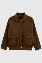 Victoria dark brown suede bomber jacket by Lumina Wear featuring zipper closure and stylish design.