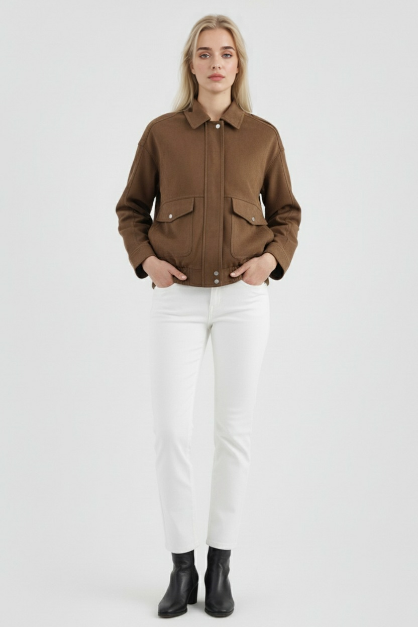 Victoria dark brown suede bomber jacket with zipper closure from Lumina Wear, featuring a stylish and fitted design.