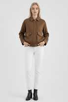 Victoria dark brown suede bomber jacket with zipper closure from Lumina Wear, featuring a stylish and fitted design.