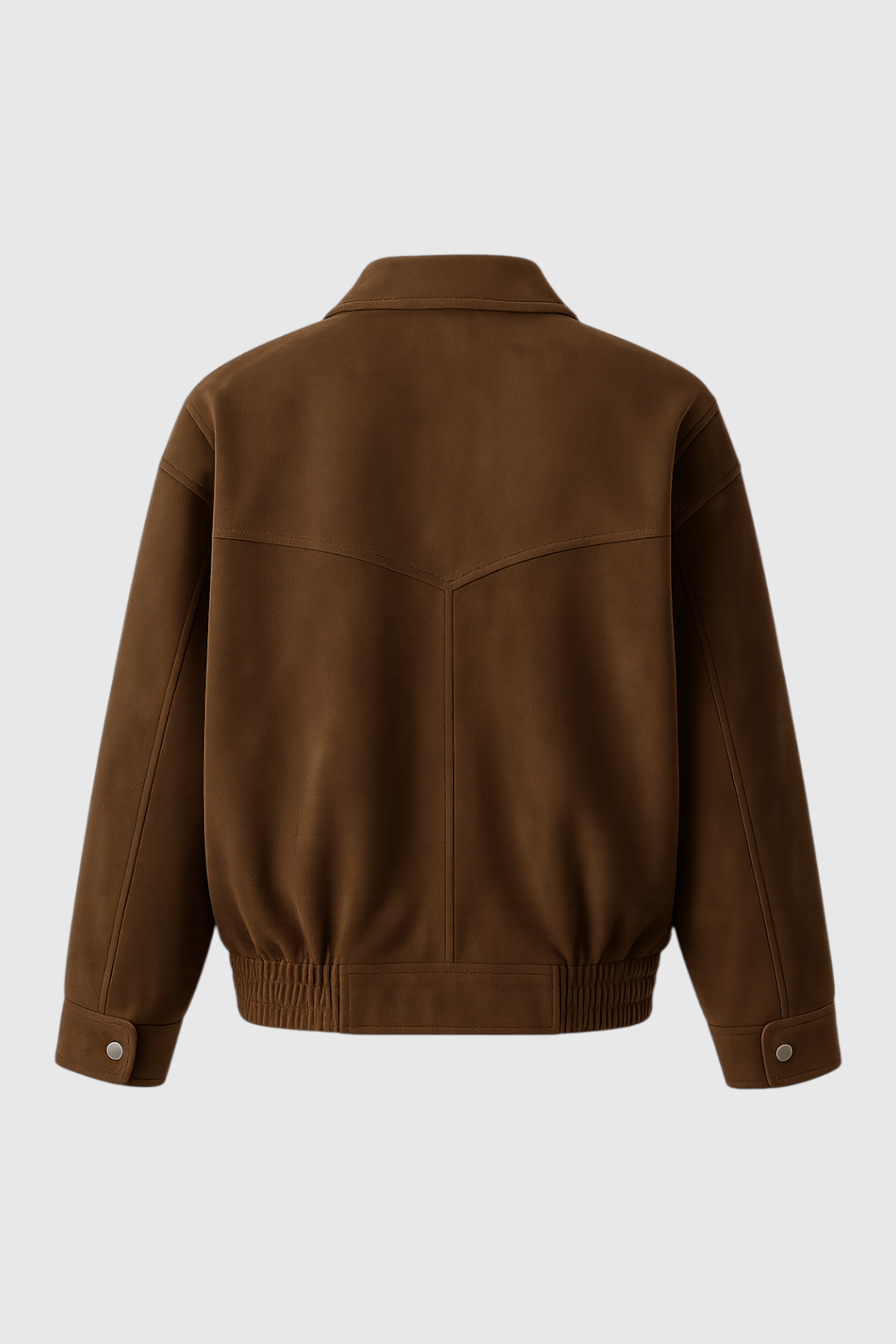 Victoria dark brown suede bomber jacket by Lumina Wear with zipper closure, shown on a model, featuring a stylish and sleek design.