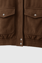 Victoria dark brown suede bomber jacket with zipper closure from Lumina Wear, featuring a stylish and fitted design.