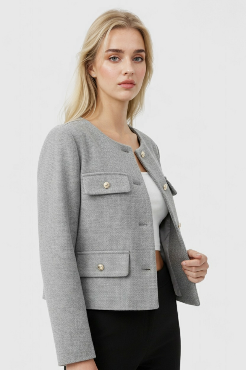 Victoria gray short jacket by Lumina Wear, stylish and versatile jacket with a chic fit, perfect for casual or layered looks.
