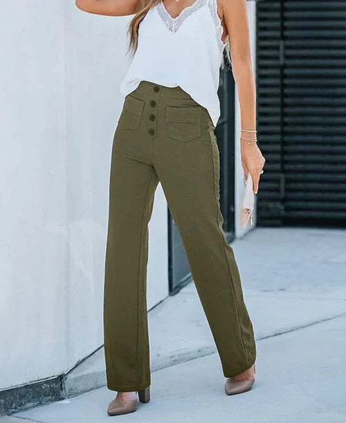 Victoria high-waisted trousers by Lumina Wear in stone green with stretch fabric, showcasing a tailored fit and sleek style.