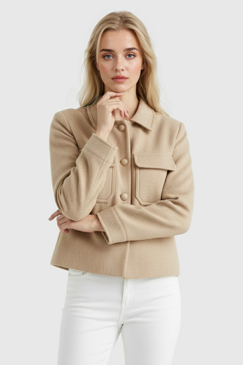 Victoria women's khaki windbreaker jacket with lapel collar by Lumina Wear, shown with stylish design and lightweight fabric.