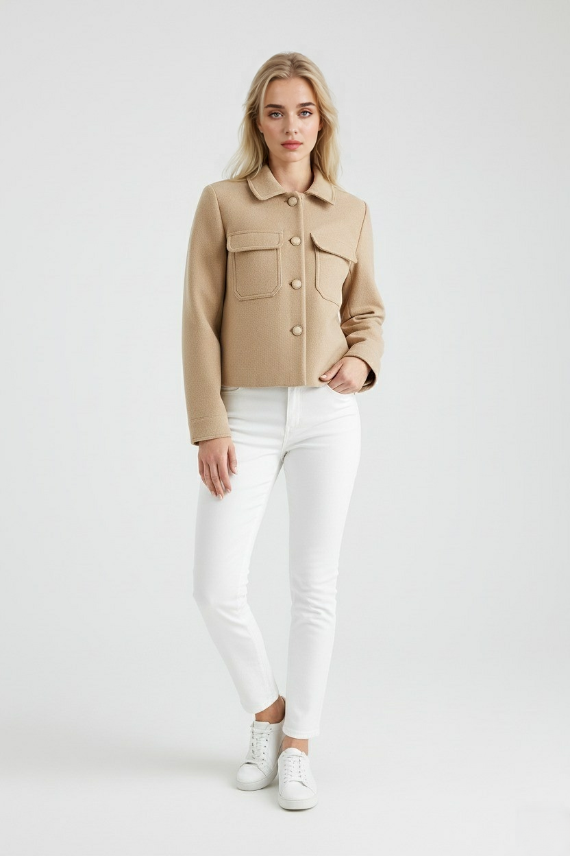 Victoria women's khaki windbreaker jacket with lapel collar by Lumina Wear, featuring a sleek, stylish windbreaker for women.
