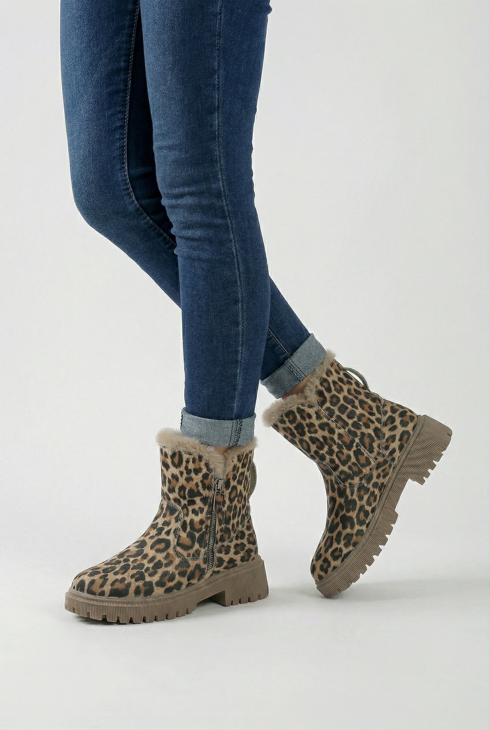 Lumina Wear Victoria leopard ankle boots with cozy lining, brown faux fur interior, stylish pointed toe, and low block heel.