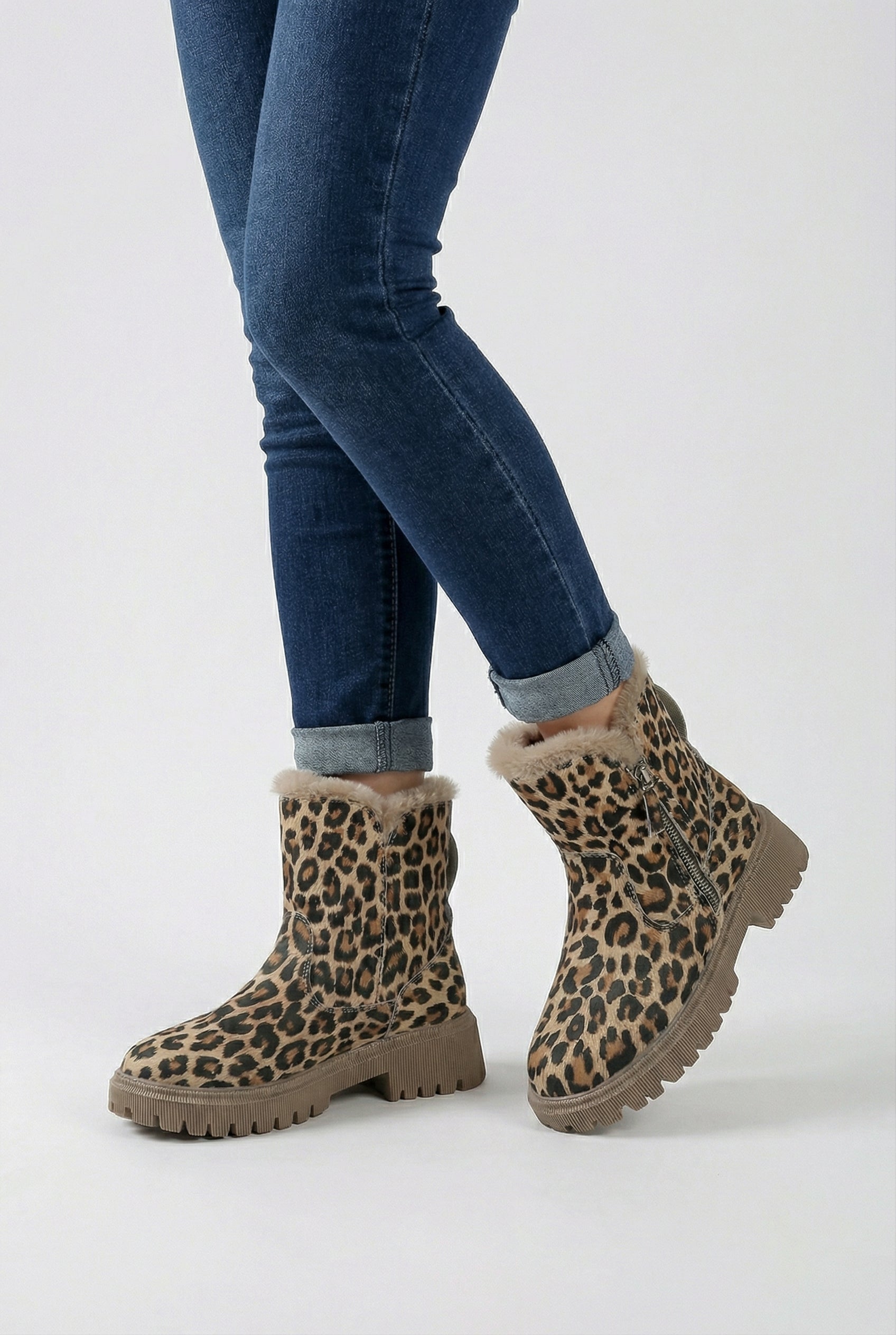 Lumina Wear Victoria leopard ankle boots with cozy lining, brown animal print, stylish ankle height, and comfortable fit.