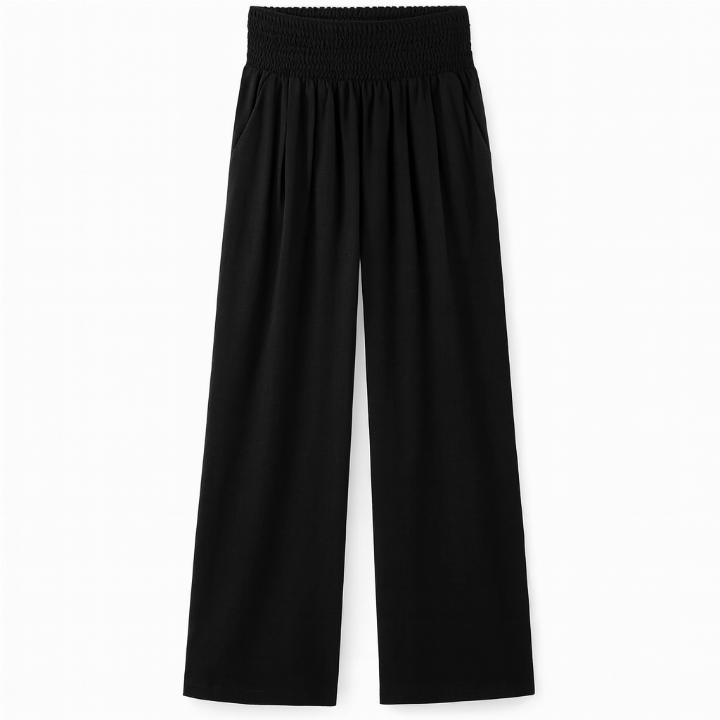 Black lightweight wide-leg trousers by Lumina Wear, perfect for effortless summer style and casual chic.