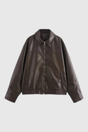 Brown Lumina Wear Victoria loose-fit aviator jacket for women, shown hanging on a hanger with a casual urban background.