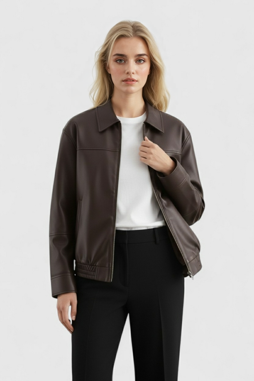 Brown loose-fit aviator jacket for women by Lumina Wear, featuring a stylish collar and casual design.