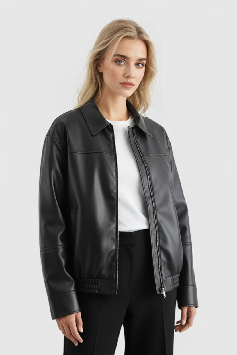 Brown Victoria loose-fit aviator jacket for women by Lumina Wear, featuring a stylish, relaxed fit and classic aviator design.