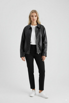 Brown loose fit aviator jacket for women by Lumina Wear, featuring a stylish collar and zipper detail.