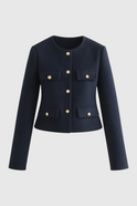 Victoria navy short jacket by Lumina Wear featuring a modern silhouette and chic design, ideal for stylish women’s outerwear.