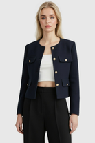 Victoria navy short jacket by Lumina Wear, featuring a modern silhouette and stylish design for women.
