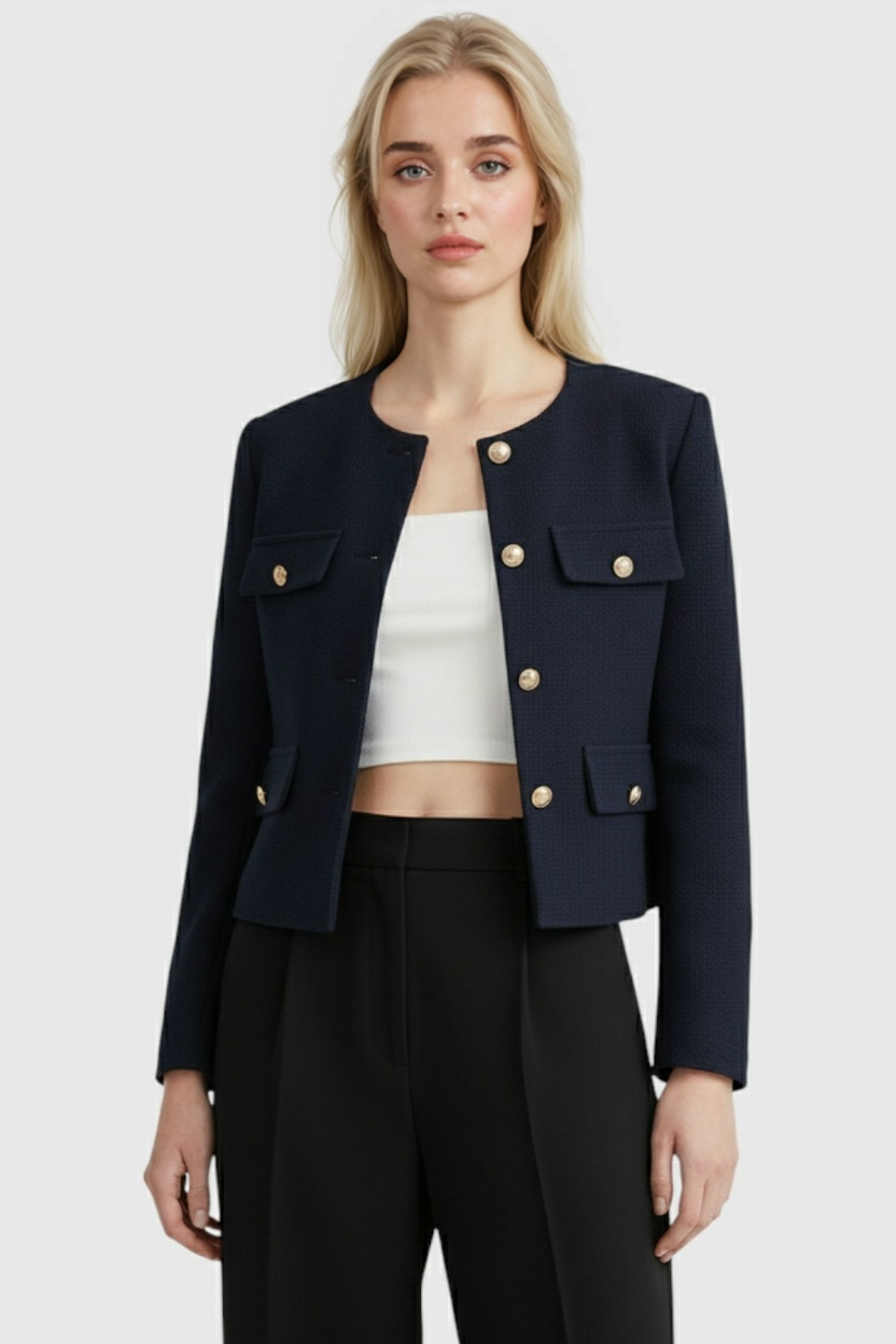 Victoria navy short jacket by Lumina Wear, featuring a modern silhouette and stylish design for women.