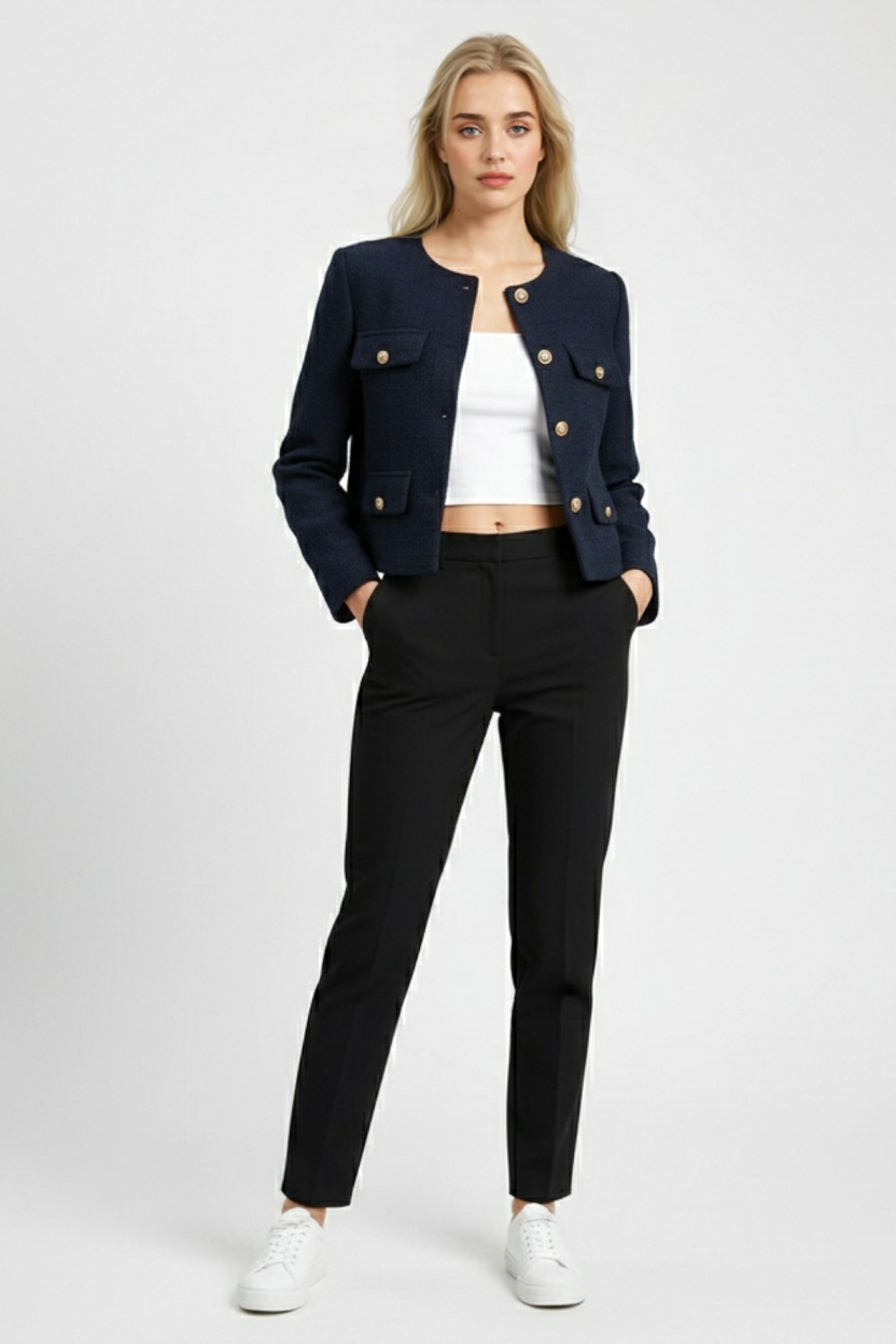 Victoria navy short jacket by Lumina Wear featuring a modern silhouette, tailored fit, and chic design for women.