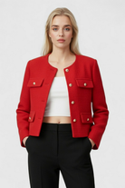 Women's red short jacket by Lumina Wear, Victoria style, featuring chic design and versatile styling options.