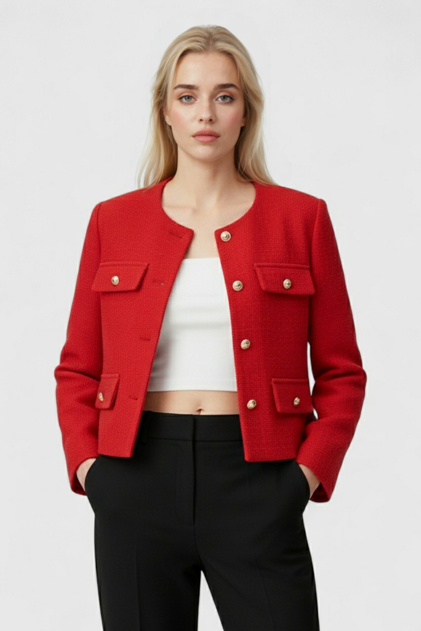 Women's red short jacket by Lumina Wear, Victoria style, featuring chic design and versatile styling options.