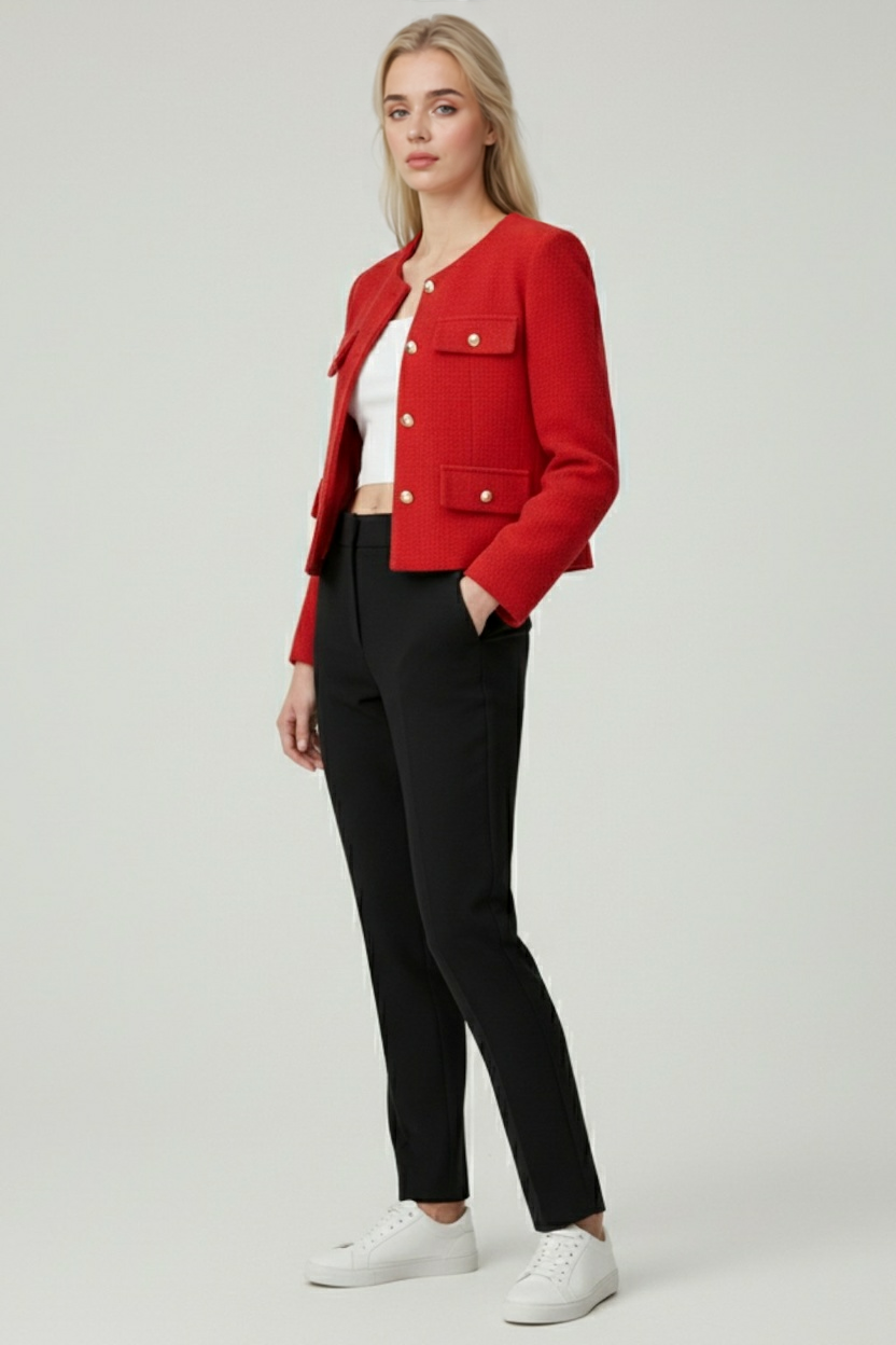 Lumina Wear women's Victoria red short jacket with versatile style, featuring a chic design and tailored fit.