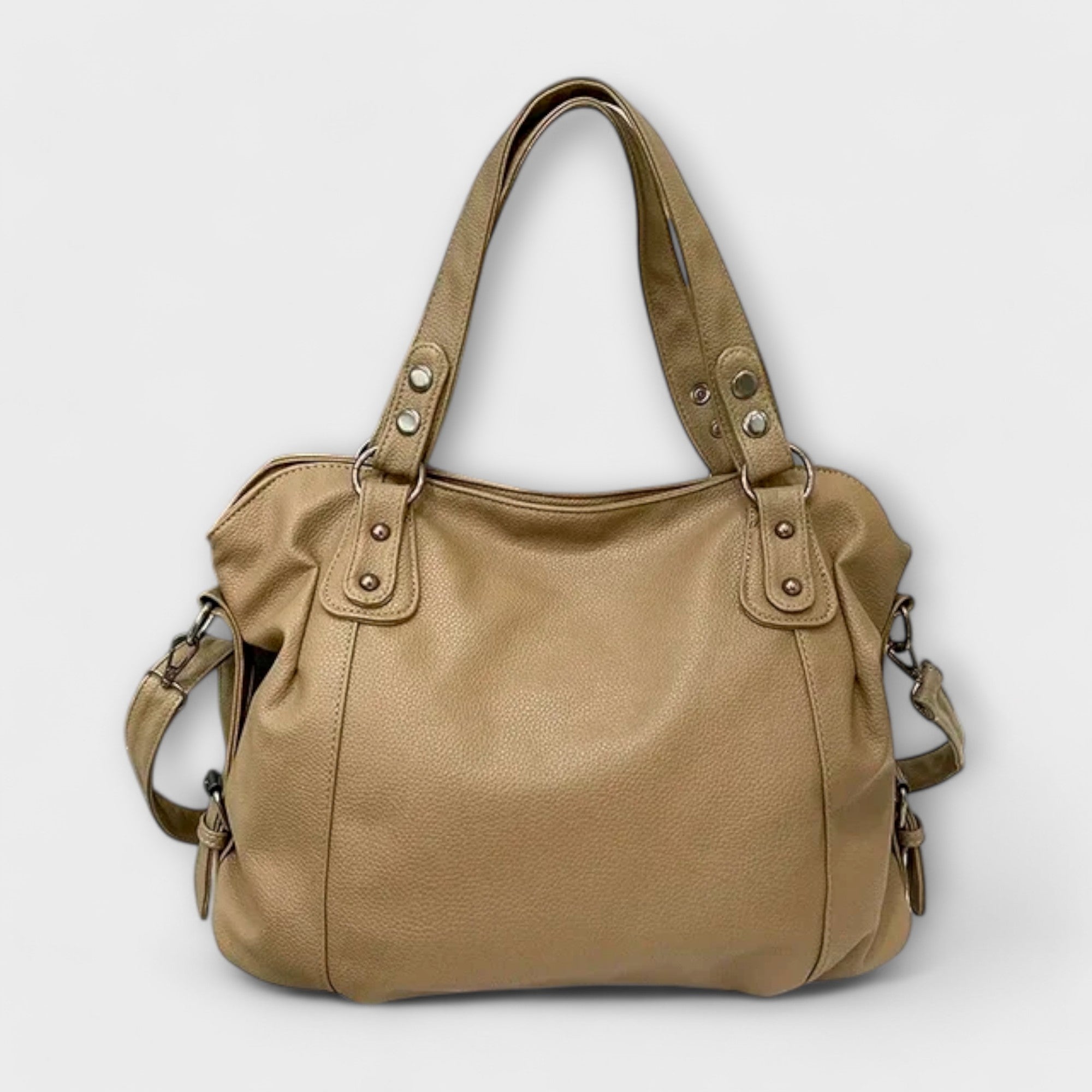 Beige Lumina Victoria structured hobo shoulder bag with dual straps, showcasing its chic design and sleek silhouette.