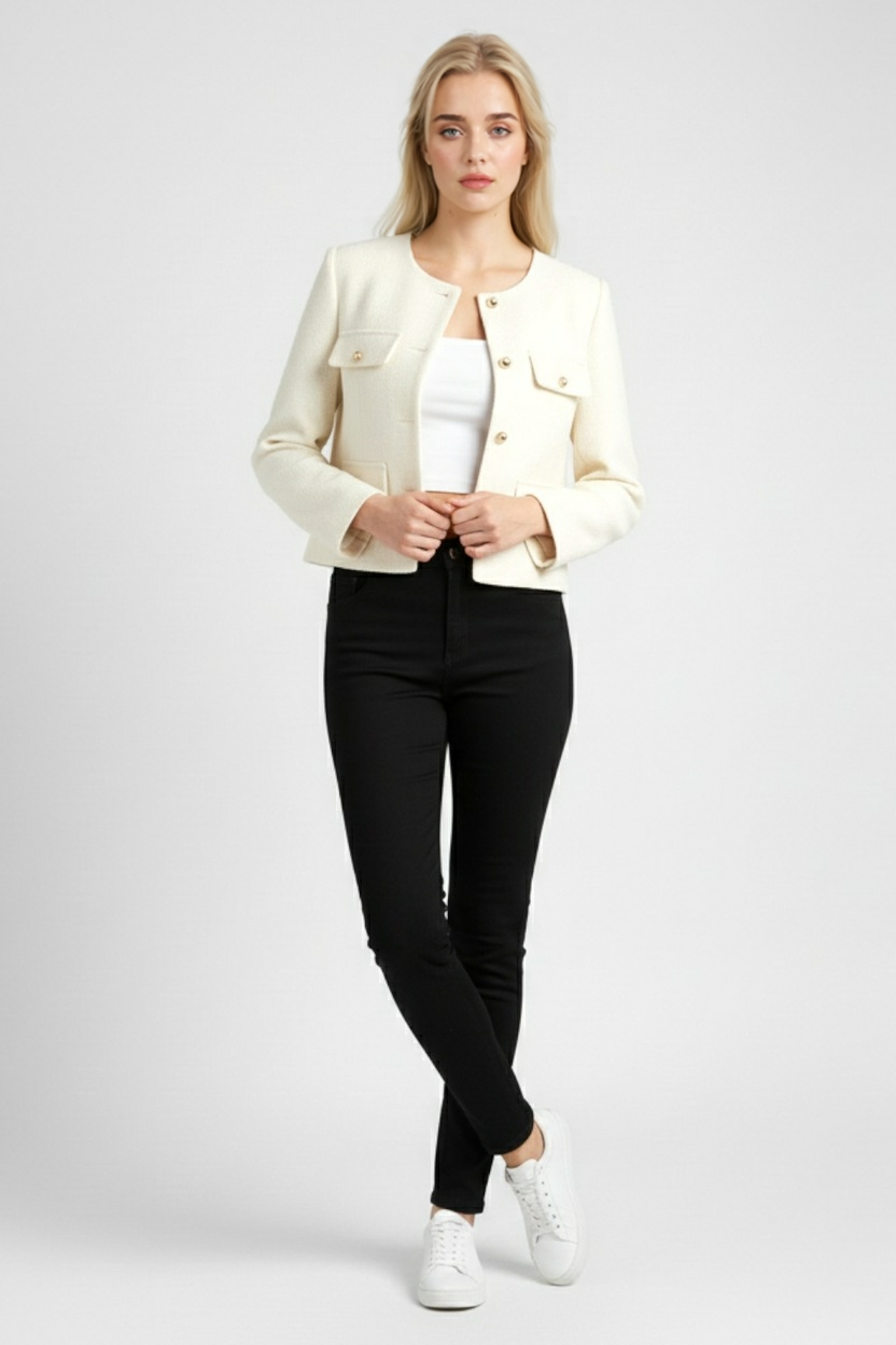 Lumina Wear Victoria white tailored short jacket with versatile style, featuring a sleek, chic design perfect for modern fashion.