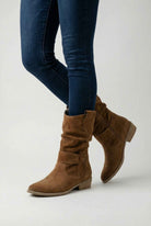 Victoria women's tan retro suede ankle boots with sturdy soles by Lumina Wear, showing the stylish boot with a yellow-brown finish.