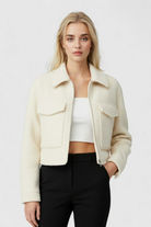 Victoria white zip jacket with vintage lapel from Lumina Wear, stylish casual jacket featuring a sleek design and modern details.