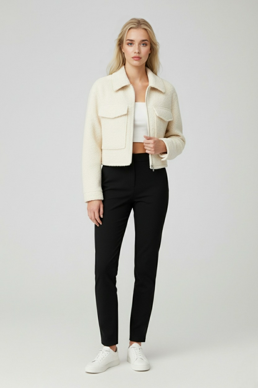 Victoria white zip jacket with vintage lapel from Lumina Wear, stylish and lightweight jacket with a modern design.