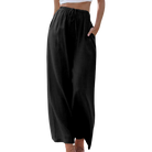 Victoria Lumina Wear black wide-leg trousers with a loose fit, shown on a model, highlighting stylish, comfortable fashion.