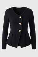 Victoria Lumina black knit cardigan with ribbed details, cozy long sleeve sweater for women.