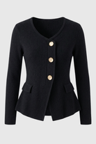 Black knit cardigan for women by Lumina Wear featuring ribbed details, styled casually with long sleeves and a cozy fit.