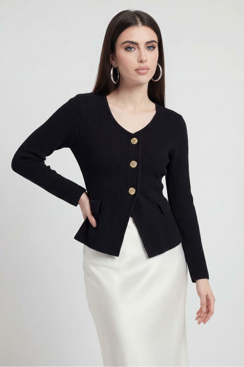 Black knit cardigan for women by Lumina Wear featuring cozy fabric and ribbed details, styled with long sleeves.