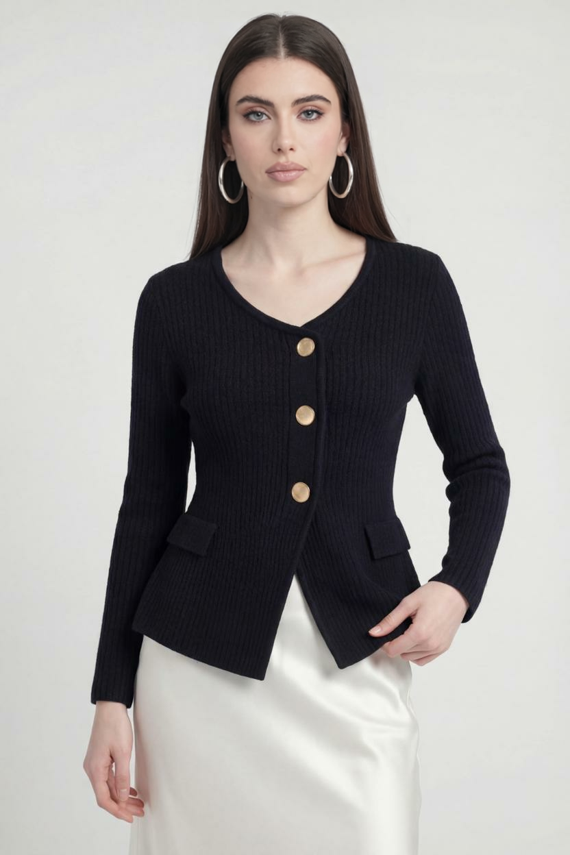 Victoria black knit cardigan with ribbed details, women's cozy sweater by Lumina Wear, featuring soft, textured fabric and a relaxed fit.