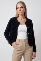Victoria black long cardigan sweater with open front, Lumina Wear, cozy and stylish for layered winter or fall outfits.