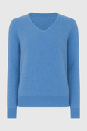 Victoria Lumina Wear cozy blue V-neck women's sweater with a flattering fit, featuring soft knit fabric and stylish design.