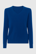 Dark blue Victoria Lumina Wear V-neck sweater with a cozy fit, featuring a flattering silhouette and long sleeves.