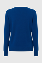 Dark blue Victoria Lumina Wear V-neck sweater with a cozy fit, featuring a flattering silhouette and soft knit texture.