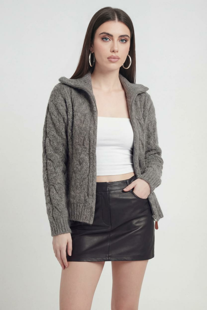 Victoria gray cardigan sweater with zipper detail from Lumina Wear, featuring a cozy fit and stylish design.