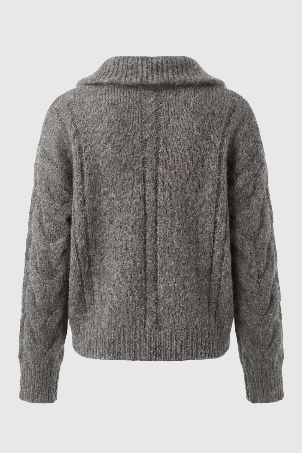 Victoria gray cardigan sweater with zipper detail by Lumina Wear, showing a cozy knit with front zipper and ribbed cuffs.