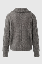 Victoria gray cardigan sweater with zipper detail by Lumina Wear, showing a cozy knit with front zipper and ribbed cuffs.