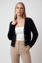 Victoria Lumina black long cardigan sweater with open front, cozy fit, perfect for layering and casual wear.
