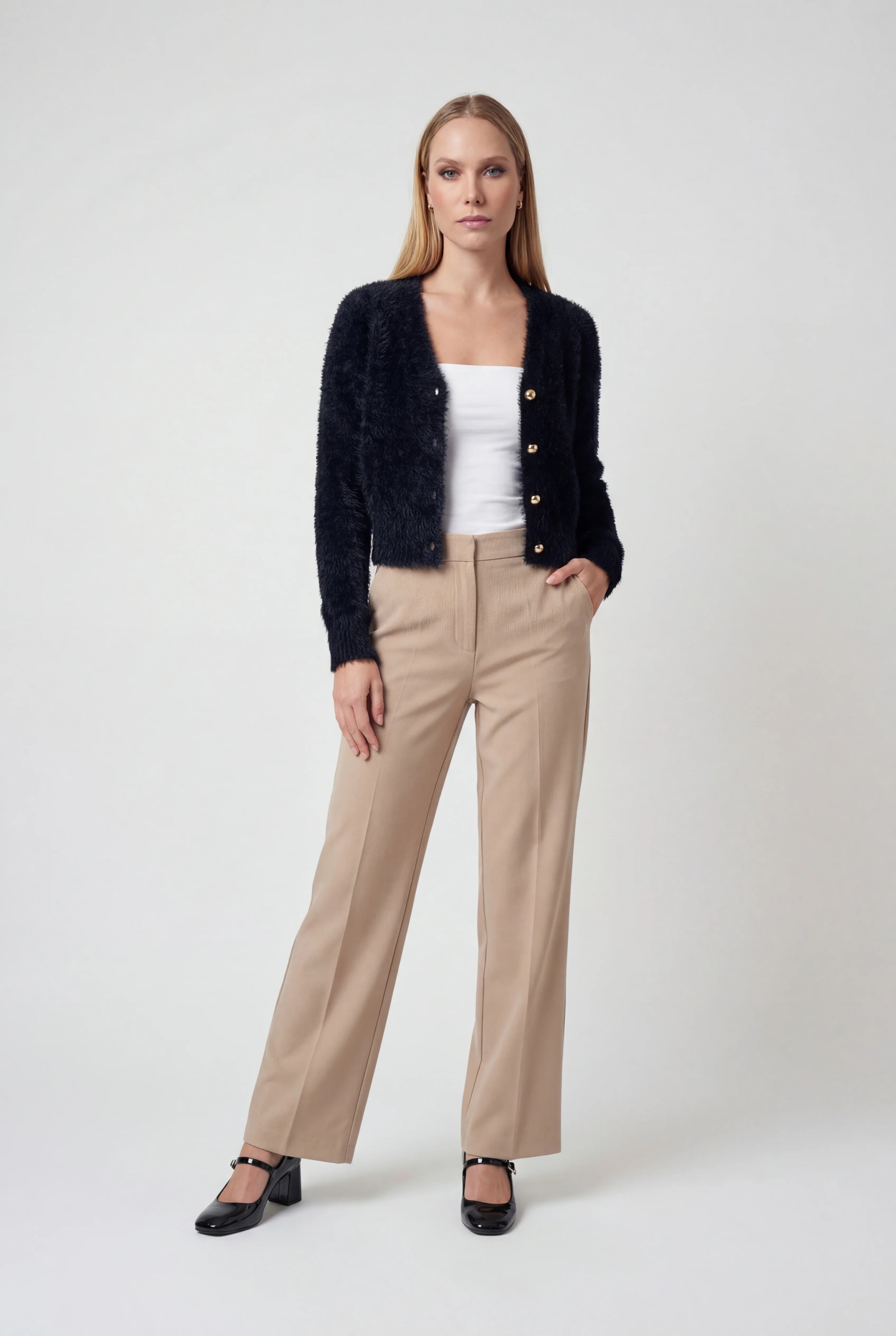 Victoria cozy long black cardigan sweater with open front design by Lumina Wear, featuring a relaxed fit and soft knit fabric.