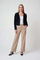Victoria cozy long black cardigan sweater with open front design by Lumina Wear, featuring a relaxed fit and soft knit fabric.