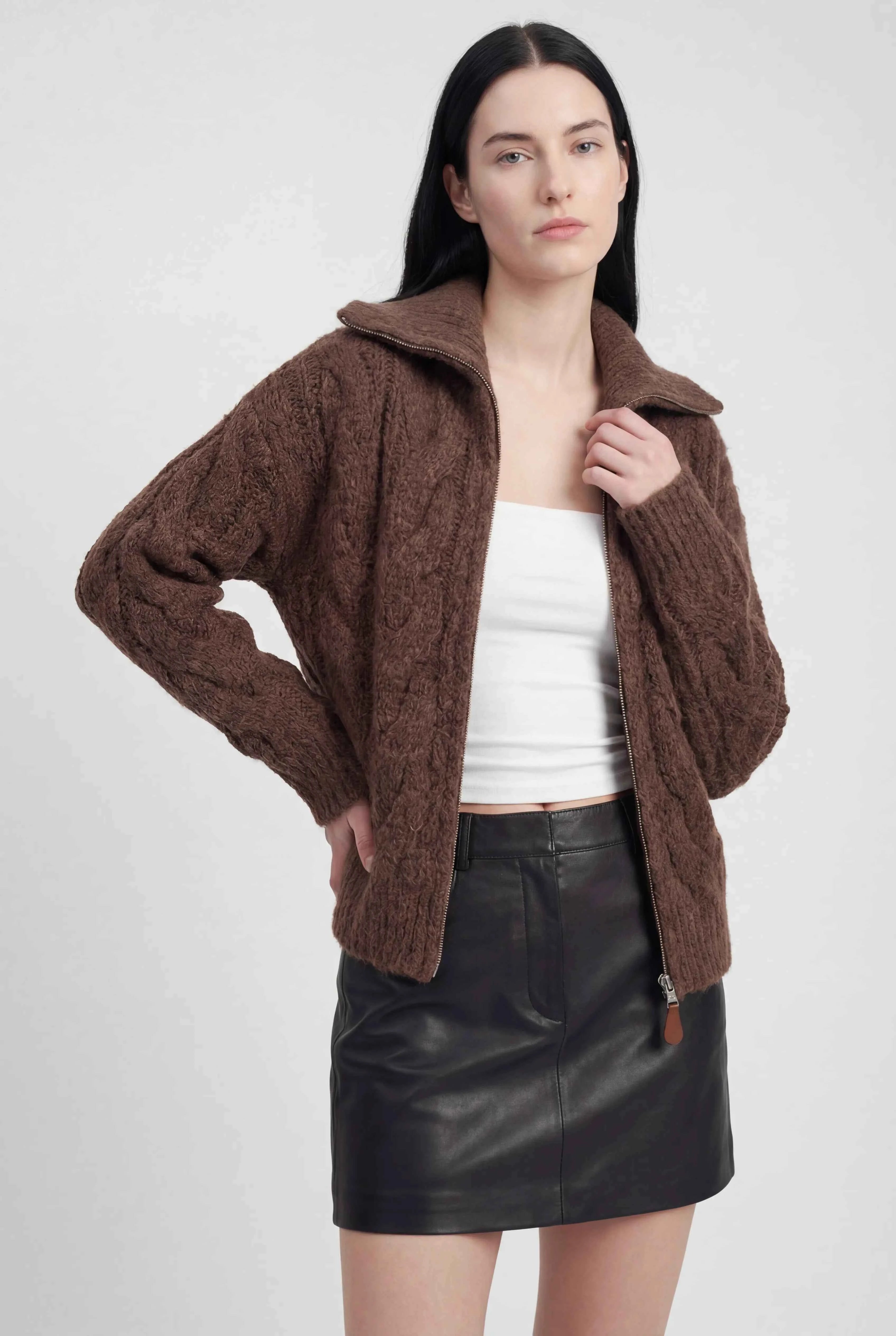 Victoria cozy long cardigan sweater with zipper closure by Lumina Wear, featuring soft knit fabric and relaxed fit.