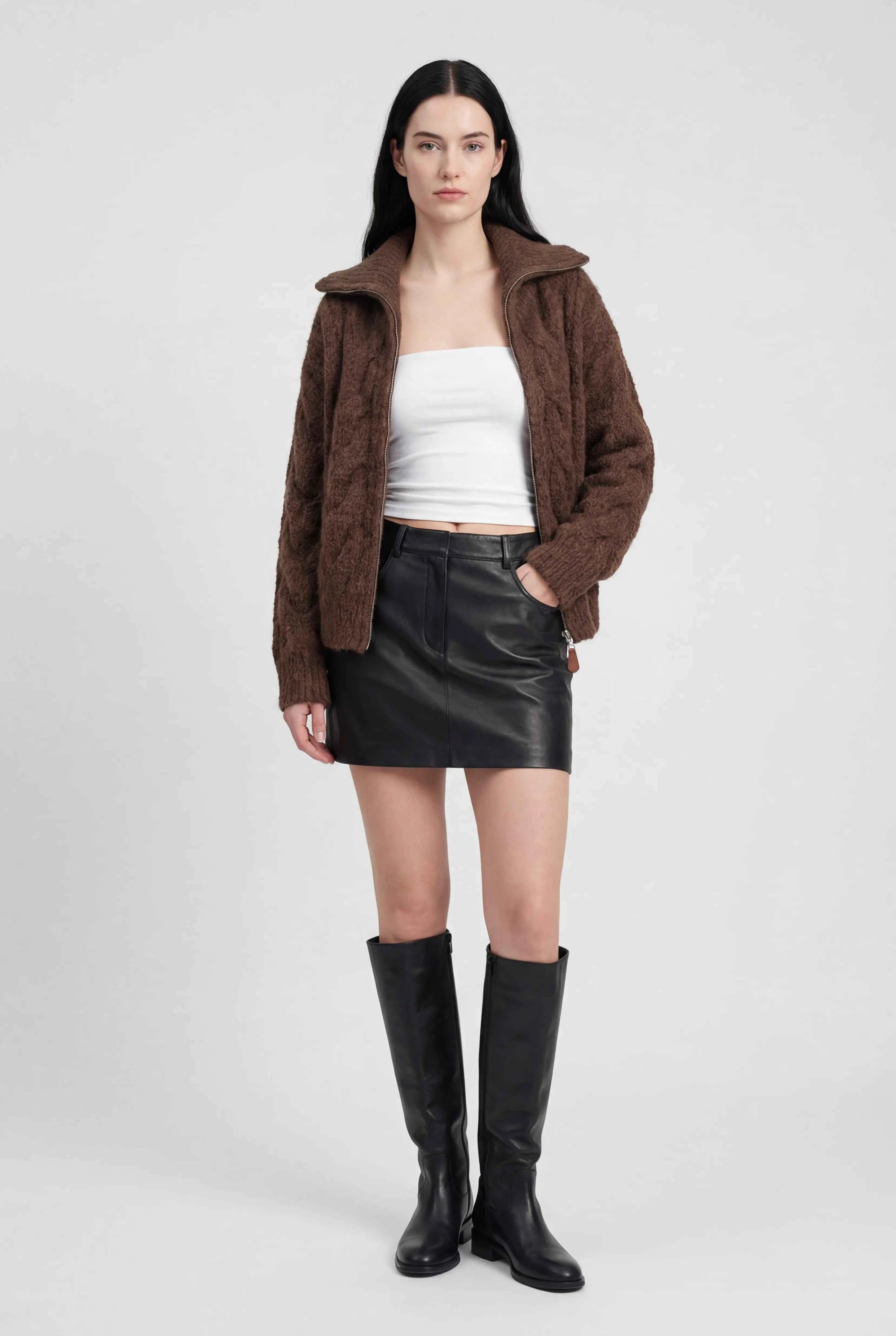Victoria cozy long cardigan sweater with zipper closure by Lumina Wear, featuring soft knit fabric and relaxed fit.